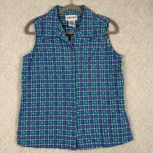 Vtg Cabin Creek Sleeveless Top Women Large Petite Blue Plaid 90s Cottage Grandma